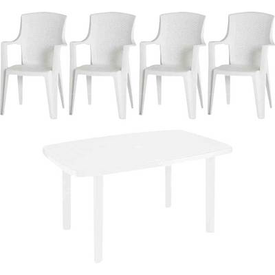 White plastic patio set with four matching chairs and a rectangular table on a plain white background.