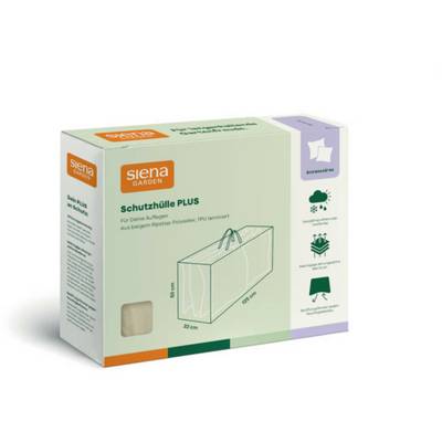 Box of Siena Garden 'Schutzhülle PLUS' garden furniture cover, shown with product illustration and accessory icons on the package.