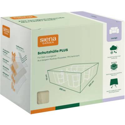 Box of 'siena GARDEN' SchutzHülle PLUS for lounge furniture, showing a cover for a 235 x 235 x 70 cm lounge set and weather protection icons.