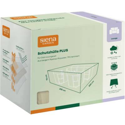 Packaging box for 'siena GARDEN Schutzhuelle PLUS' lounge cover, showing a diagram of a rectangular cover sized 230 x 230 x 70 cm and weather protection icons.