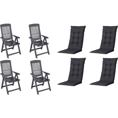 Set of four black patio chairs with four matching black seat cushions, shown on a white background.