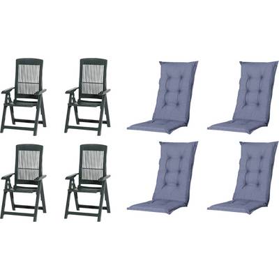 Four black folding chairs and four blue tufted chair cushions displayed on a white background.<br>