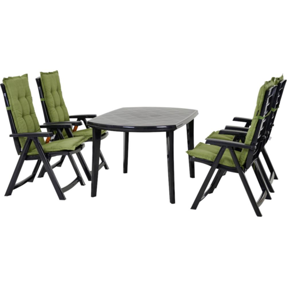 Outdoor patio dining set with a round black table and six folding chairs with green cushions on a white background.