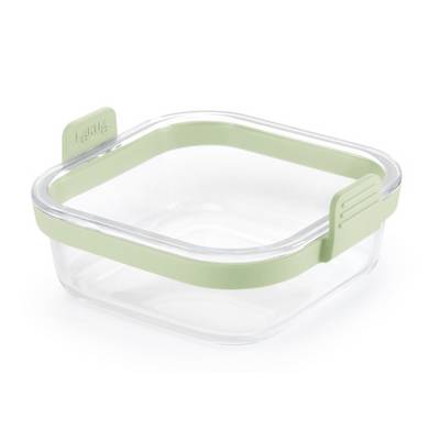Clear square glass food container with a light green snap-on lid and seal tab, shown empty on a white background.