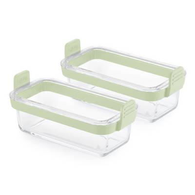 Two clear rectangular glass food storage containers with pale green snap-on lids, shown against a white background.<br>