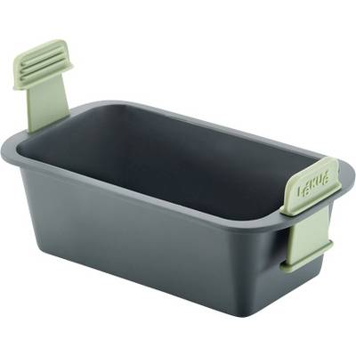Dark gray rectangular loaf pan with a nonstick interior and light green side clips for lifting or handling the bread<br>