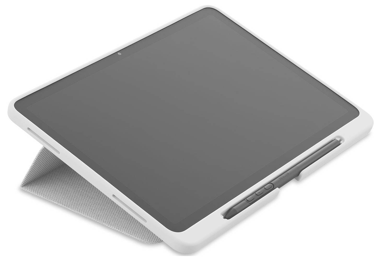 White tablet in a folding stand with a stylus attached, shown on a plain background.