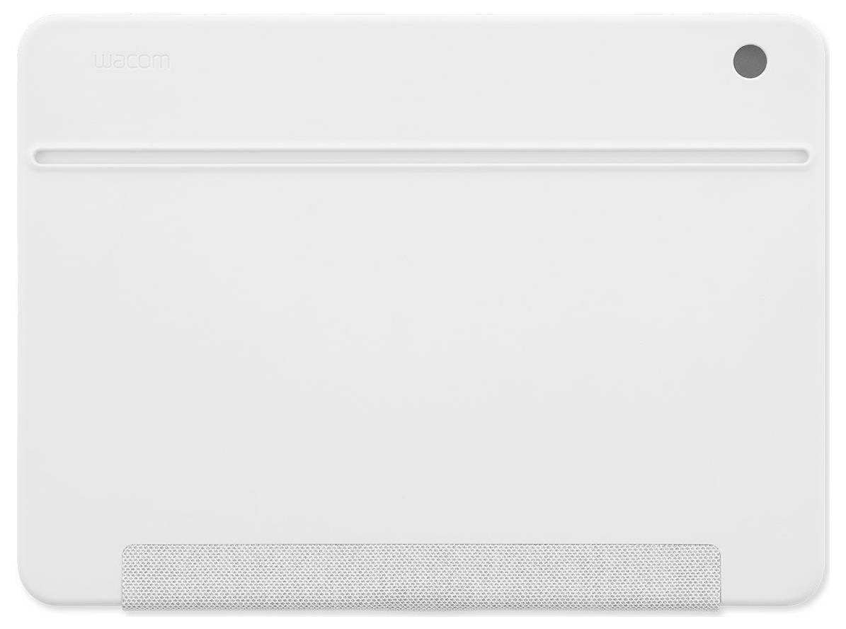 Minimalist white electronic device or tablet case with a horizontal slot near the top, a small dark circle at upper right, and a textured base panel.