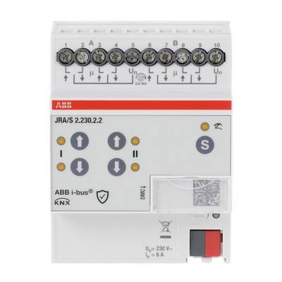 Front view of an ABB JRA/S 2.230.2.2 KNX i-bus relay module with numbered screw terminals, status LEDs, and a red manual switch.