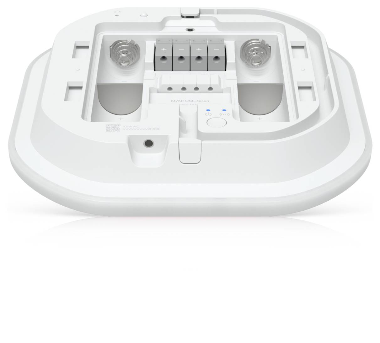 White ceiling light fixture base with two bulb sockets, center wiring terminals, and a small control module with blue indicator lights.