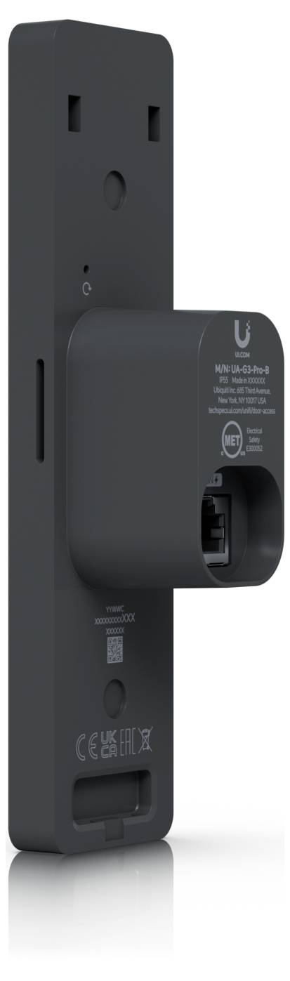 Back view of a black Ubiquiti wall-mounted device with Ethernet port and mounting slots.