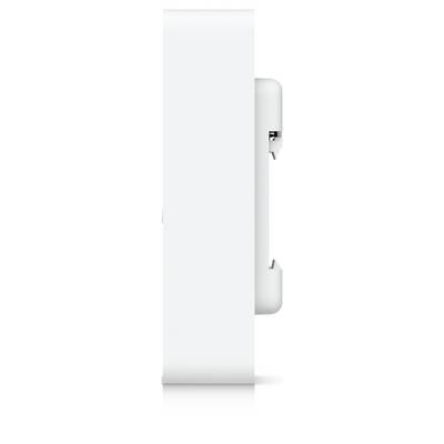 Side view of a white wall-mounted device or panel with a slim rectangular face and two small latch-like protrusions on the right edge.