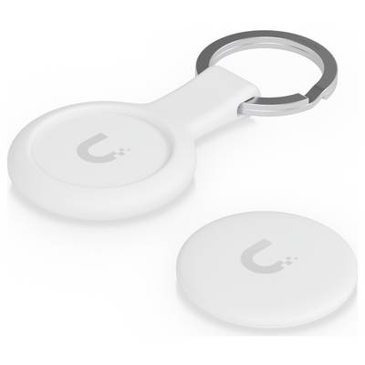 White round magnetic key tracker with metal key ring shown beside a separate matching puck on a white background.