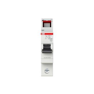 Single-pole ABB circuit breaker, white with red toggle switch and black lever, shown isolated on a plain background.