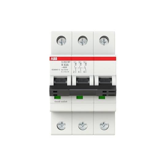 ABB three-pole circuit breaker with K 63A label and three black switches on a white background.