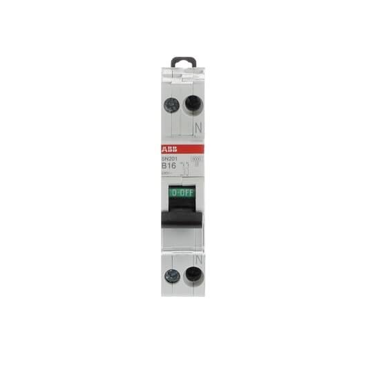 Single-pole ABB B16 circuit breaker shown front-on with the switch in the OFF position.