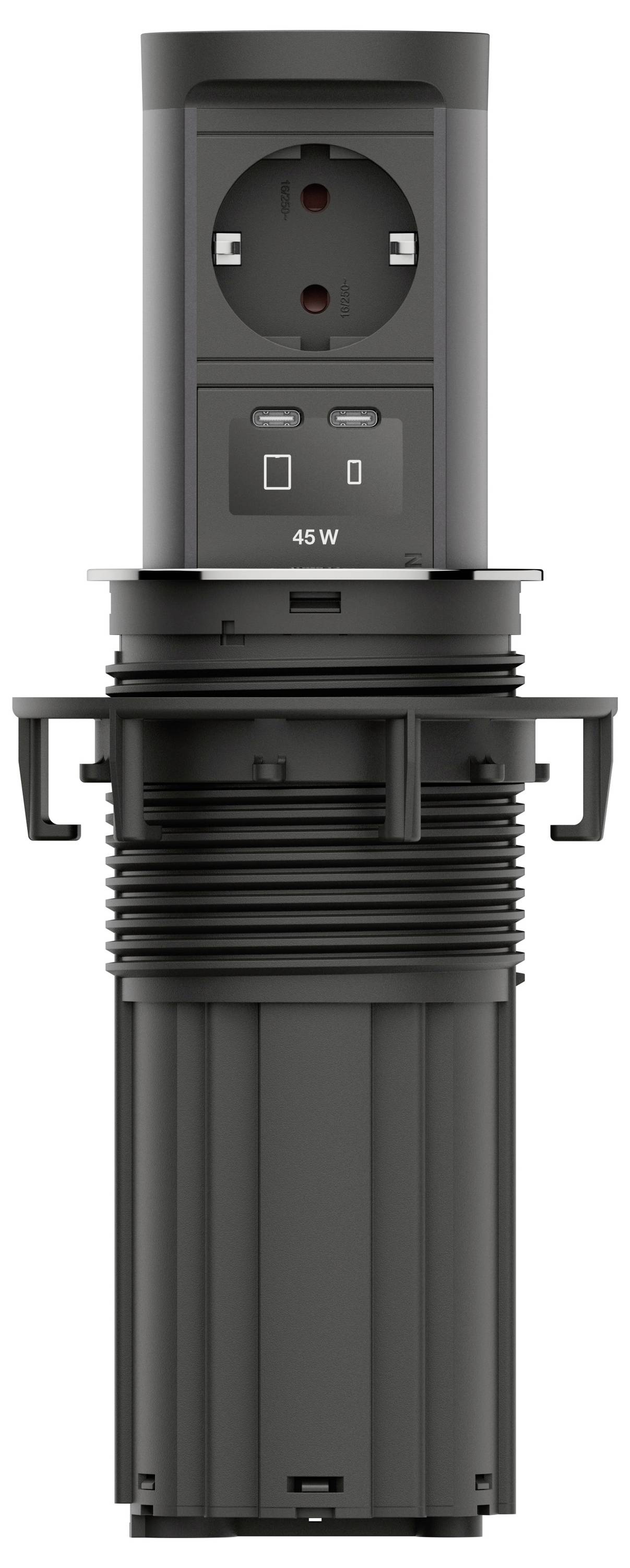 Black pop-up power outlet with European socket and two USB ports labeled 45 W, shown front view.