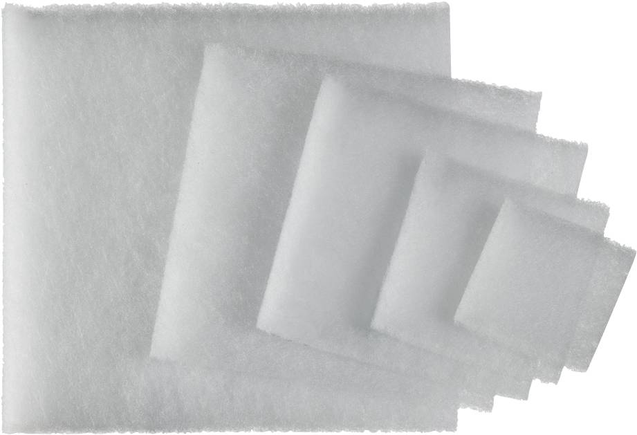 Stack of overlapping white nonwoven fabric squares, likely filter or cleaning pads, on a plain background