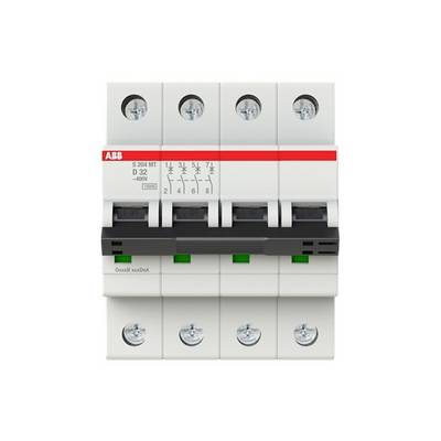ABB four-pole miniature circuit breaker on a white background, with labeled switch levers and red brand strip.