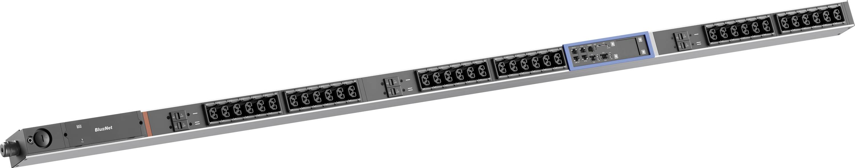 Rackmount power distribution unit with multiple outlet banks and a blue-highlighted section, shown at an angle on a white background.