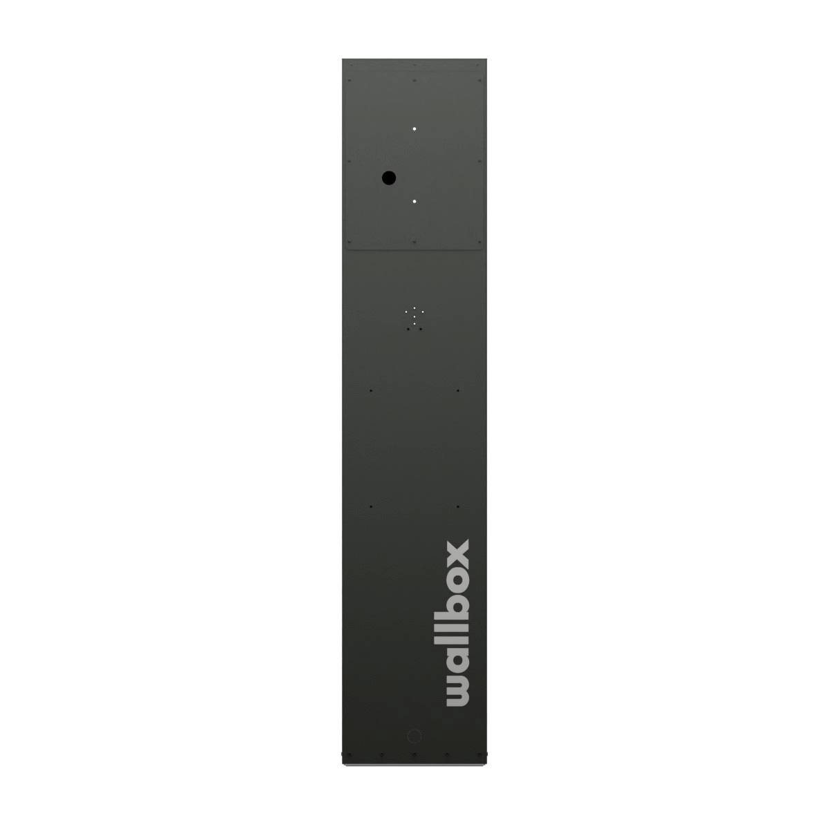 Tall black rectangular Wallbox charging unit shown front-on with the 'wallbox' logo near the bottom.