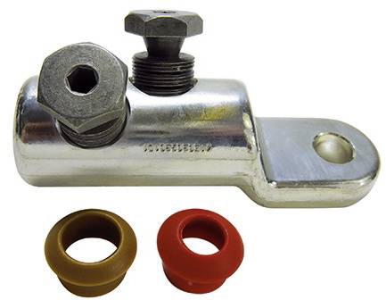 Metal electrical cable connector lug with two bolts and two insulating bushings, shown on a white background.