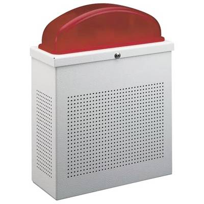 Wall-mounted emergency alarm unit with a red translucent beacon on top and a perforated white metal enclosure.