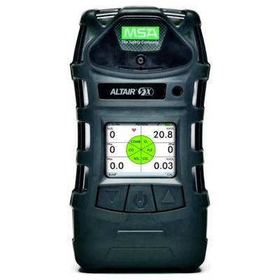 Black MSA ALTAIR 5X gas detector showing a digital screen with gas readings and a green status indicator.<br>
