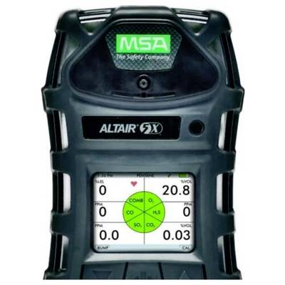 MSA ALTAIR 5X gas detector showing a live screen with four gas readings, including 20.8 and 0.03, plus a green sensor status wheel.<br>