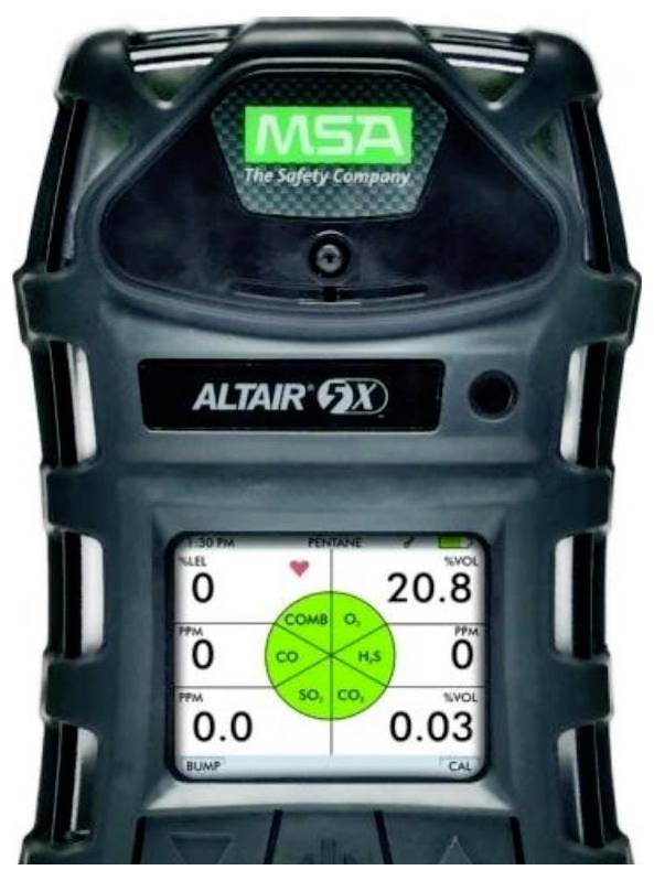 Front view of an MSA ALTAIR 5X gas detector showing a digital screen with multiple gas readings and a green status indicator.