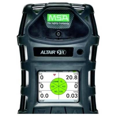 Front view of an MSA ALTAIR 5X gas detector showing a digital screen with multiple gas readings and a green status indicator.