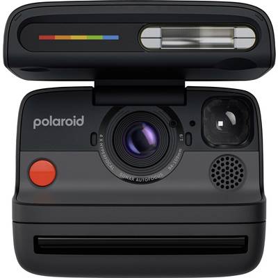 Black Polaroid instant camera front view with lens, flash, viewfinder, and red shutter button.