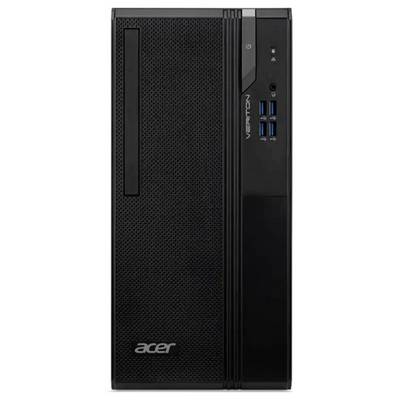 Front view of a black Acer Veriton desktop tower with power button, USB ports, and audio jack on the right panel.