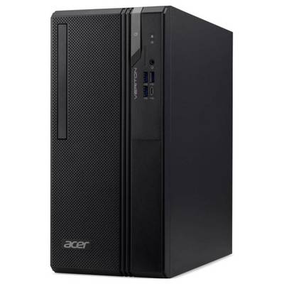 Black Acer Veriton desktop tower PC with front power button, audio jack, and USB ports.
