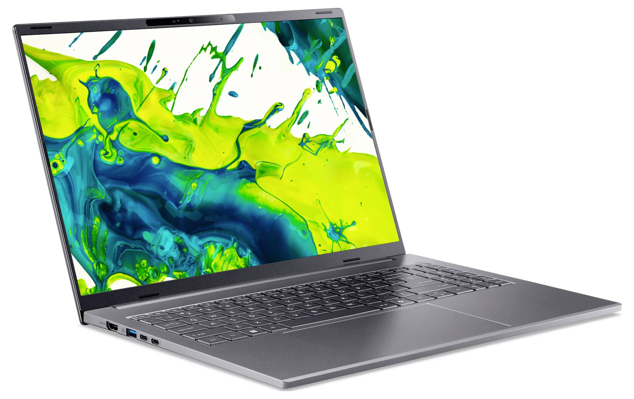 Open laptop with a large display showing abstract green, yellow, and blue fluid splash pattern on a white background.