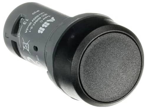 Black cylindrical push button switch with a round textured face and printed side labels, shown on a white background.