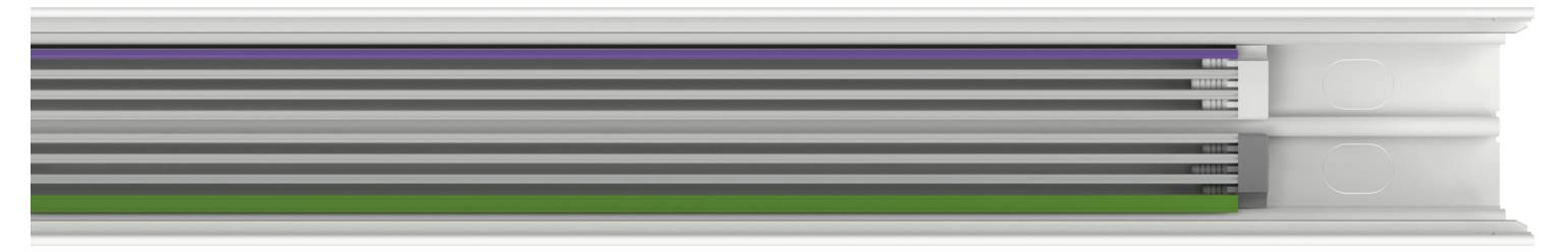Close-up of a white window blind or roller shade with horizontal gray slats and a thin purple and green stripe along the bottom edge.