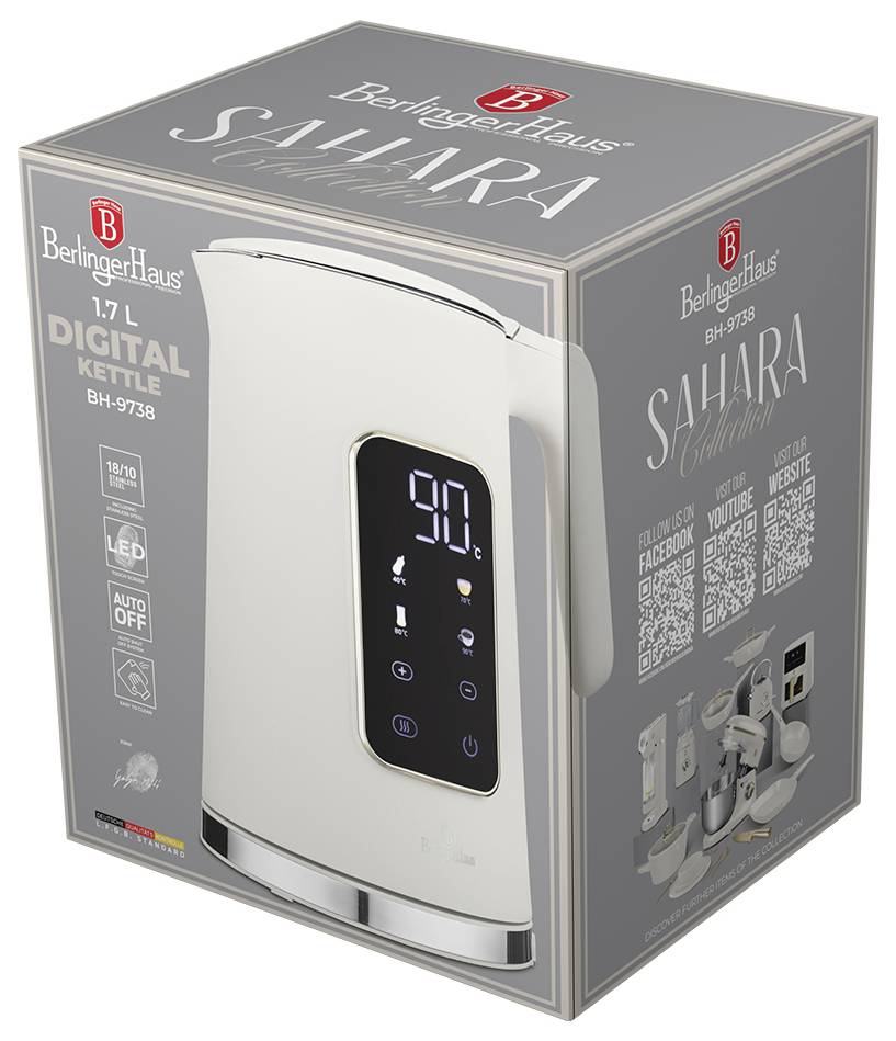 Box packaging for Berlinger Haus Sahara 1.7 digital kettle, showing a white kettle with digital temperature display and product features on the sides.