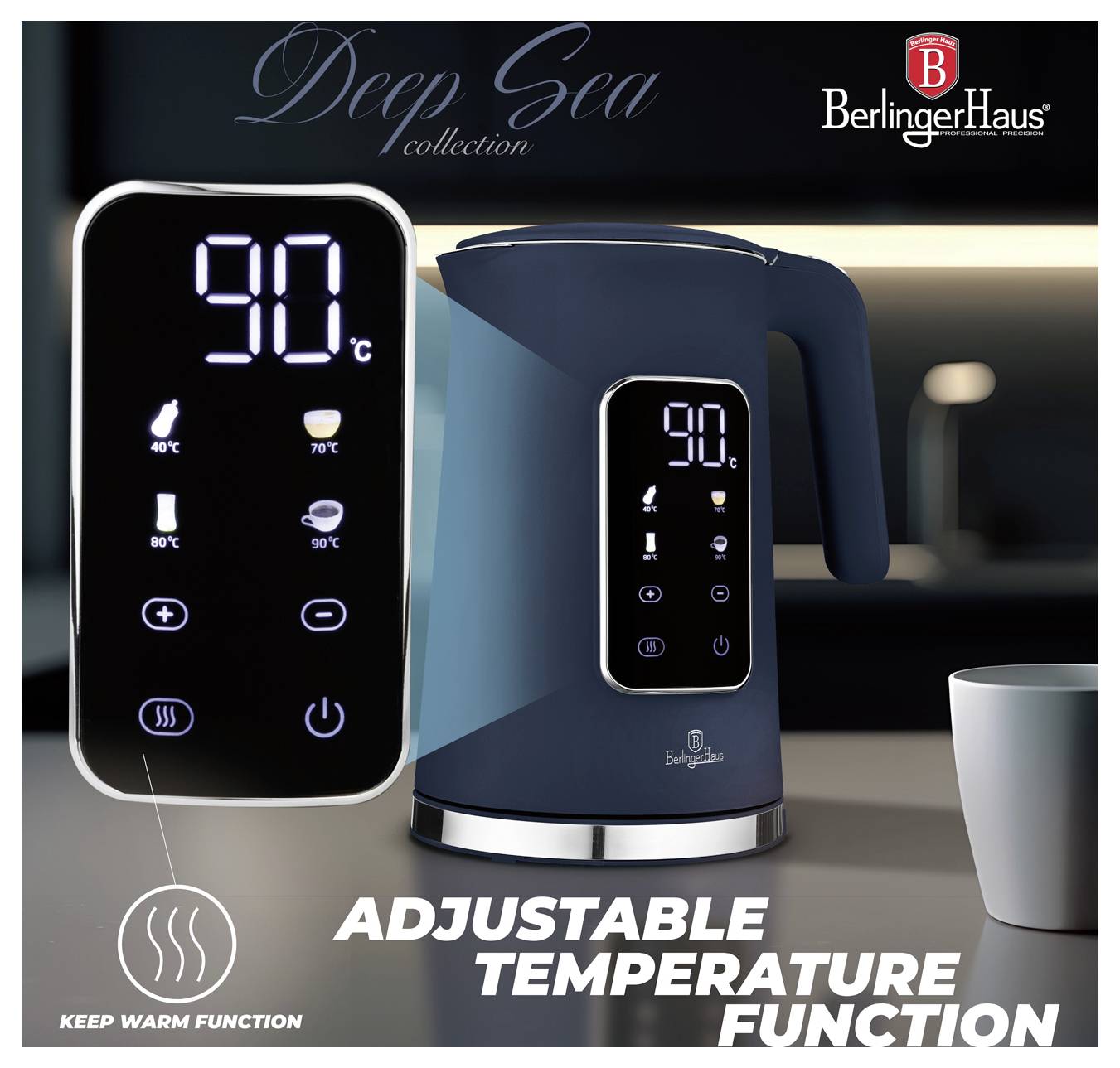 Advertisement for Berlinger Haus 'Deep Sea collection' electric kettle with digital temperature display, adjustable temperature function, and keep warm mode.