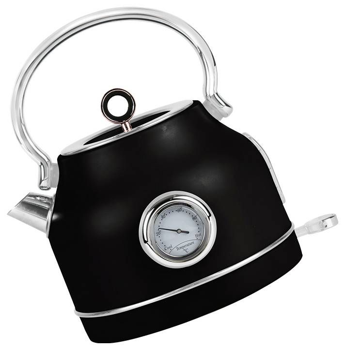 Black electric kettle with silver handle and trim, featuring a round temperature gauge on the front.