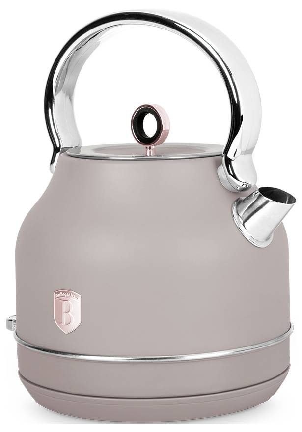Pink stainless-steel kettle with chrome handle, spout, and lid, shown on a white background.