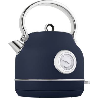 Blue electric kettle with chrome handle and spout, showing a round temperature gauge on the front.<br>