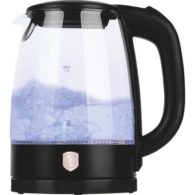 Black electric glass kettle with water boiling inside, featuring a transparent body, water level markings, and a large black handle.<br>