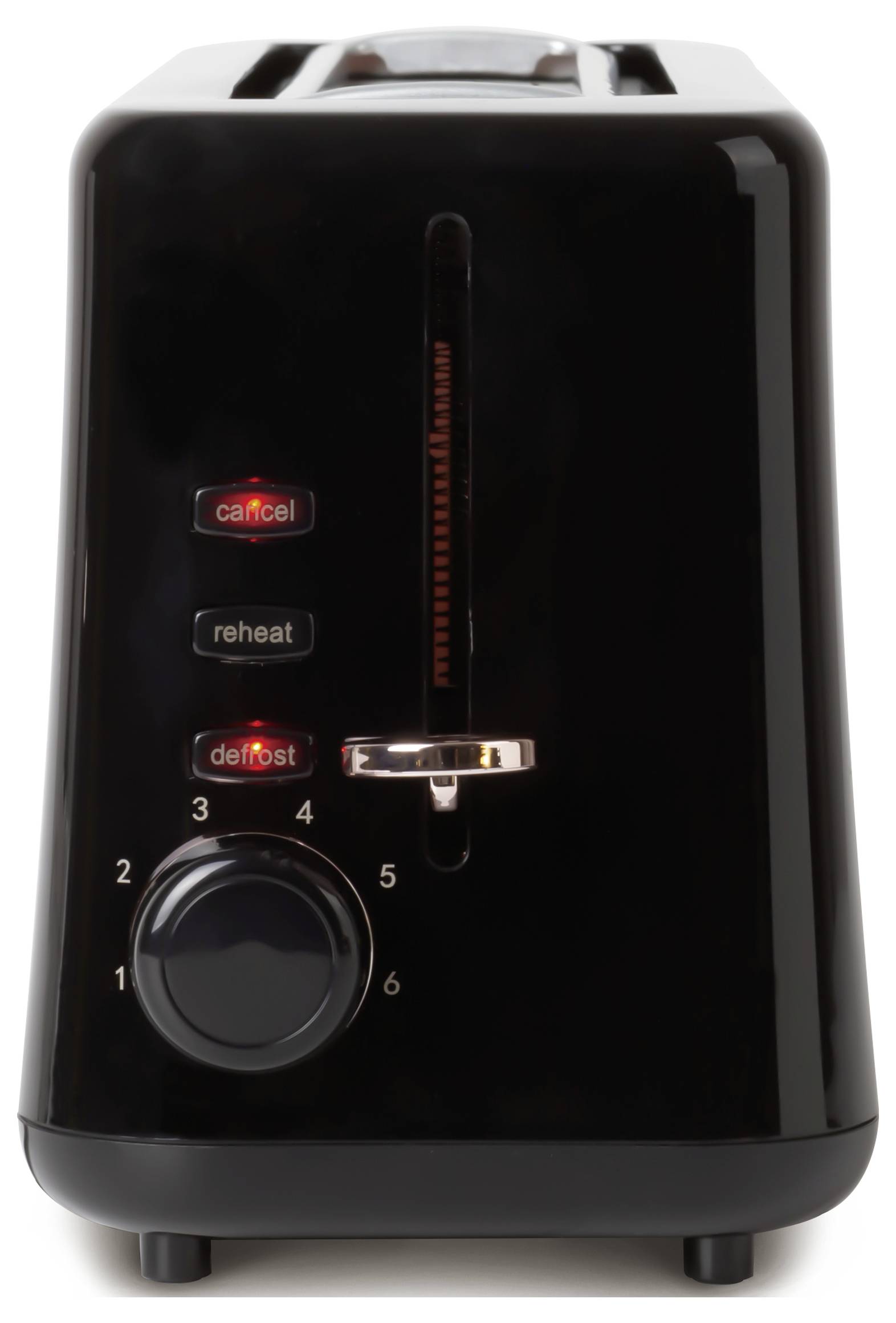 Black two-slot toaster with illuminated cancel, reheat, and defrost buttons and a browning control dial.<br>