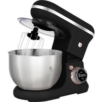 Black stand mixer with stainless steel bowl, clear splash guard, whisk attachment, and digital control knob on a white background.