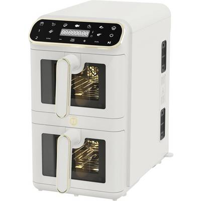 White dual-drawer air fryer with digital control panel and illuminated viewing windows, shown front view on a plain background.