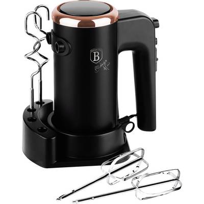 Black electric milk frother with stand and two whisk attachments shown on a white background.