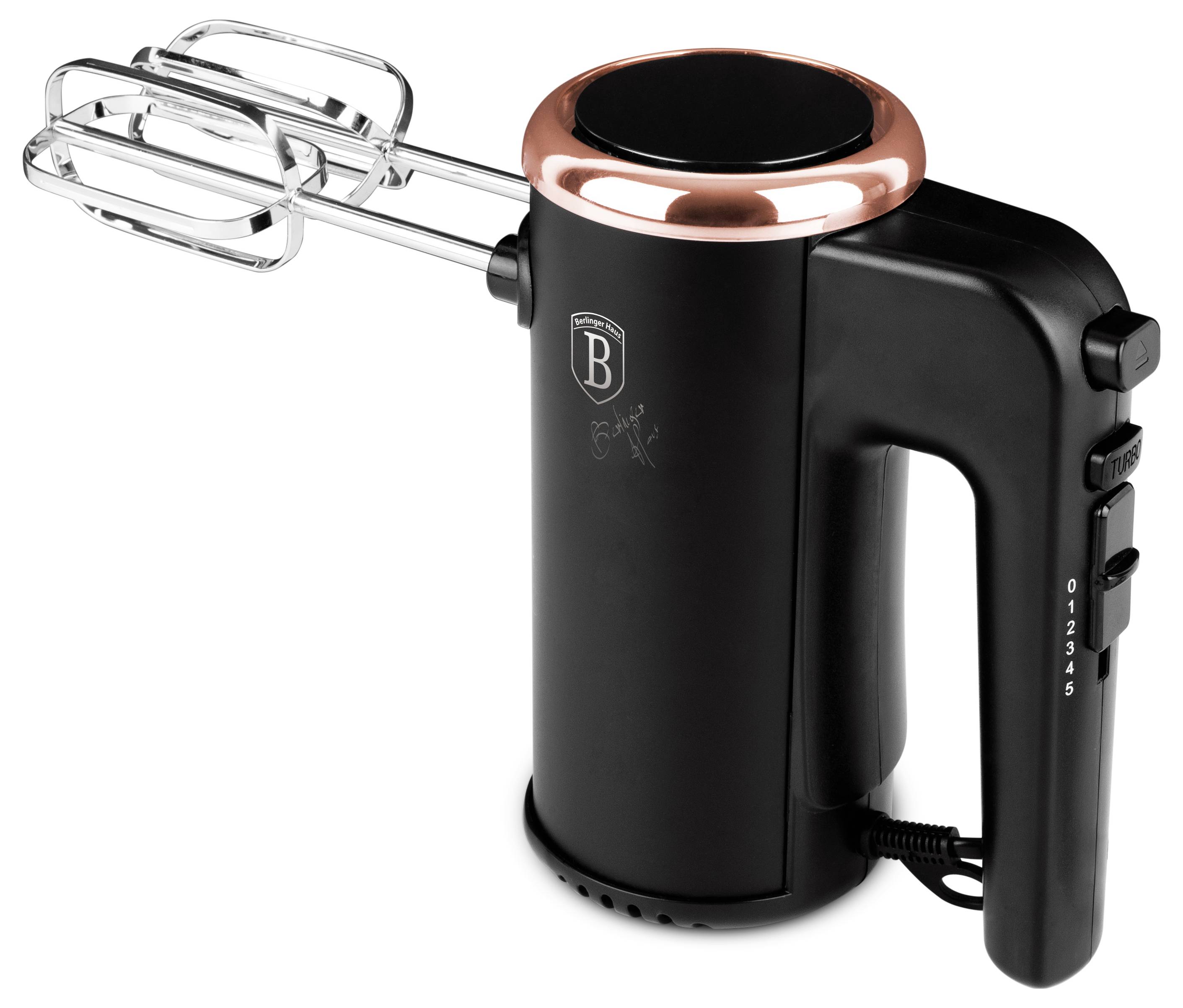 Black electric hand mixer with two beaters and copper-colored trim, shown on a white background.<br>