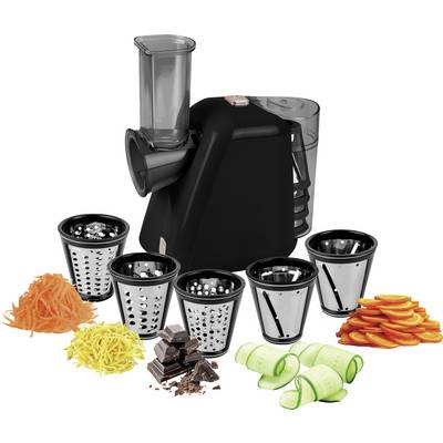 Black countertop vegetable spiralizer with five interchangeable cutting drums and examples of sliced vegetables and chocolate shavings<br>