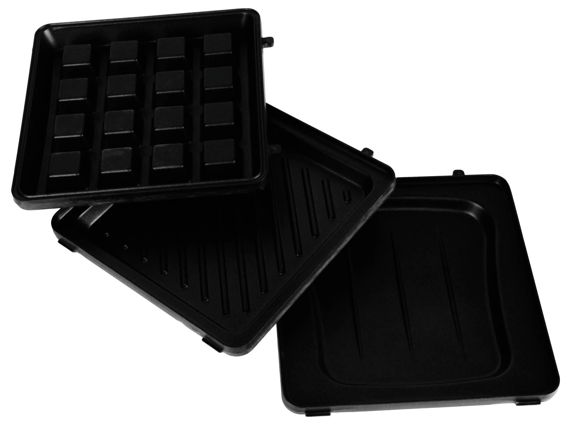 Three stacked black waffle and grill plates on a white background, showing interchangeable cooking surfaces.<br>